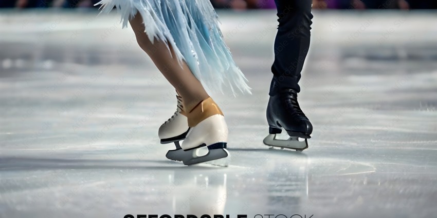 Two ice skaters, one male, one female, wearing white skates, performing a routine