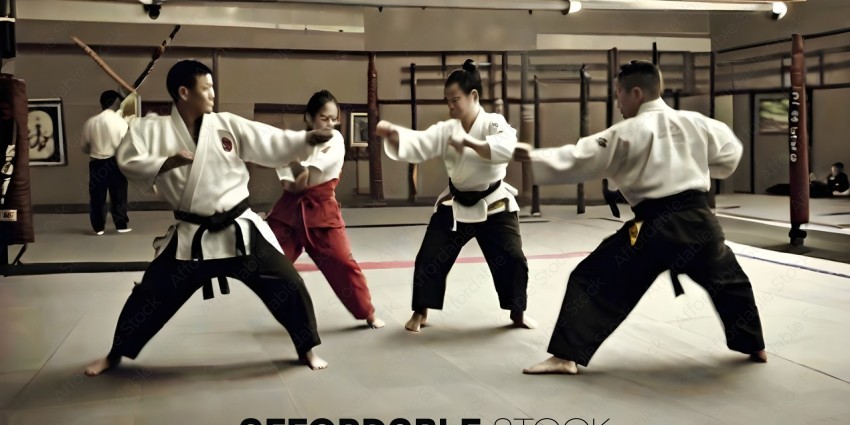Three martial artists practicing their moves