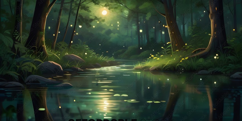 A serene forest scene with a river and a full moon