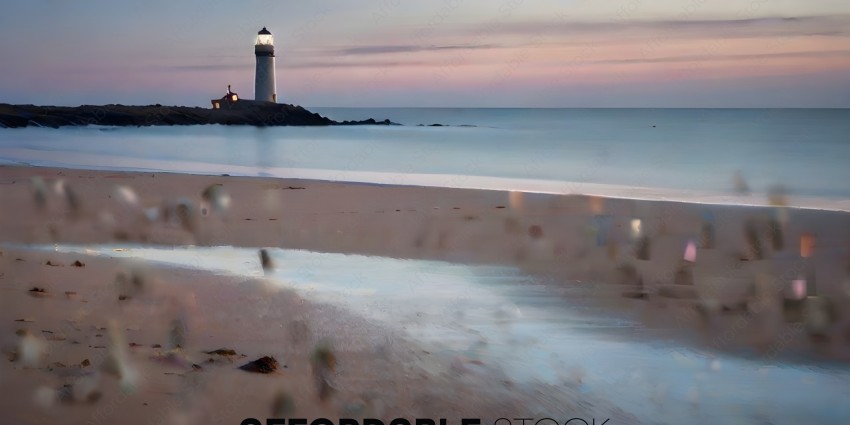 A Lighthouse on a Beach at Sunset