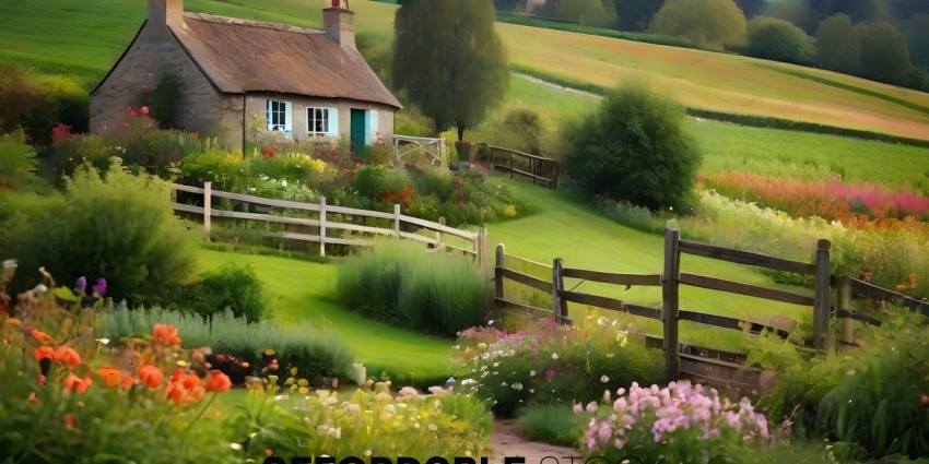 A beautiful garden with a cottage in the background