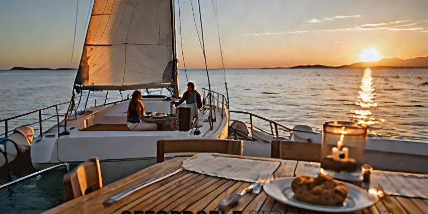 Two women dining on a sailboat at sunset