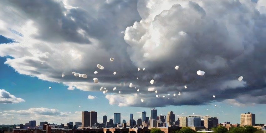 A city skyline with a cloud of balloons