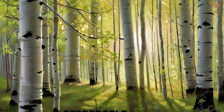 A painting of a forest with trees and sunlight
