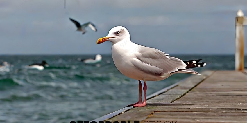 A seagull standing on a wooden ledge overlooking the ocean