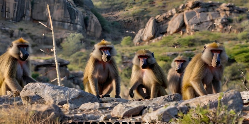 A group of monkeys standing on a rocky hillside
