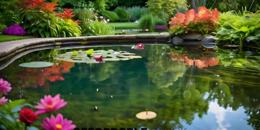 A pond with a flower in the middle