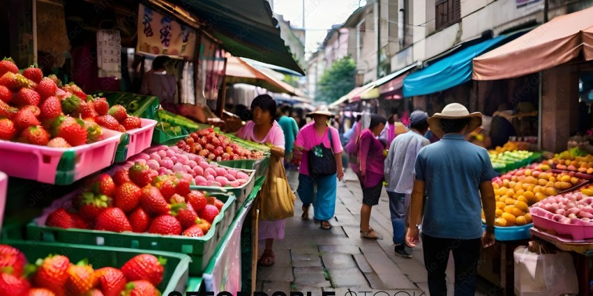 People walking down a street with fruit stands