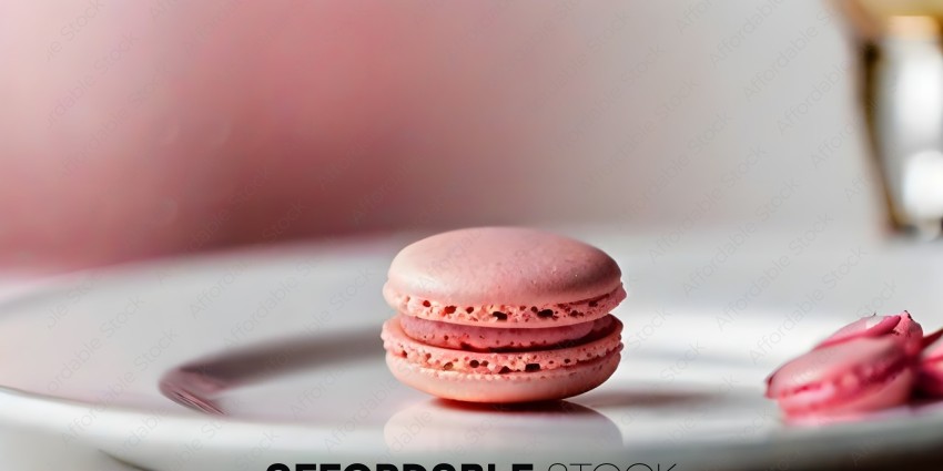 A close up of a pink macaroon with a white background