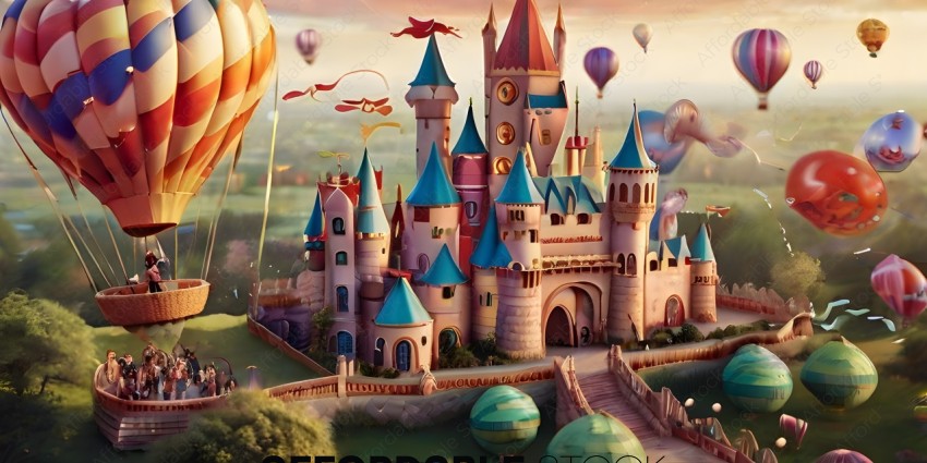 A castle with a hot air balloon in the background