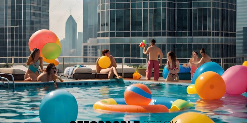 People in swimming pool with floating balls