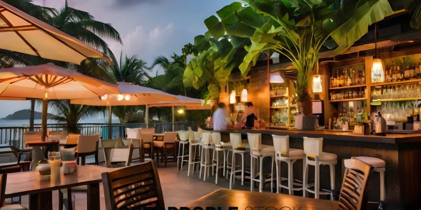 A bar with a patio and tropical plants
