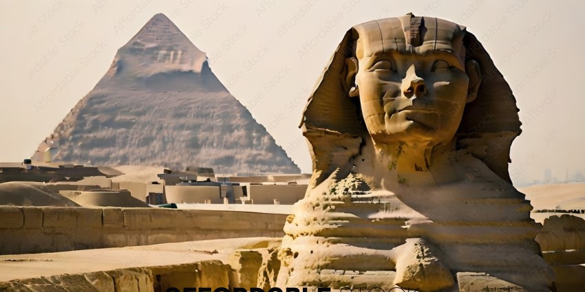 A large statue of a pharaoh with a pyramid in the background