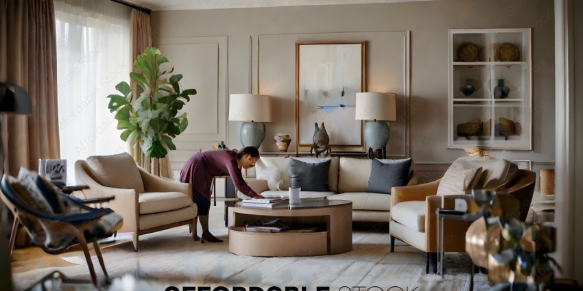 A woman bending over a table in a living room