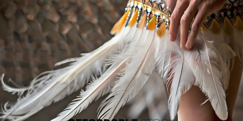 A person's hand is touching a feather