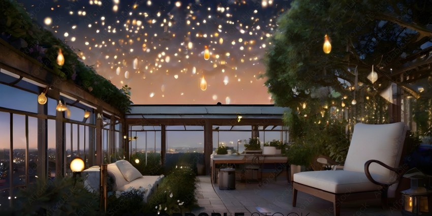 A beautifully lit patio with a view of the city