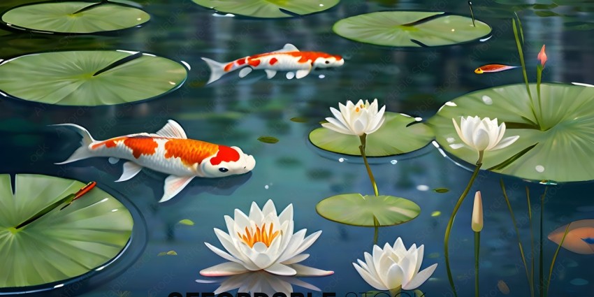 A painting of a koi fish swimming in a pond with water lilies