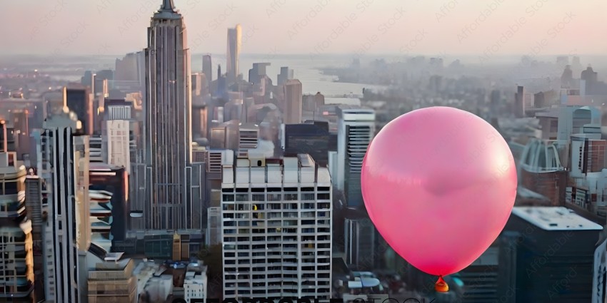 A pink balloon is flying over a city