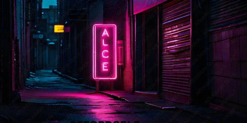 Pink neon sign for a bar called "Alice" on a dark street