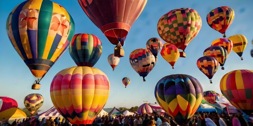 A crowd of people are gathered around a bunch of colorful hot air balloons