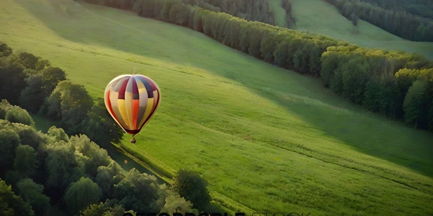 A hot air balloon is flying over a green field