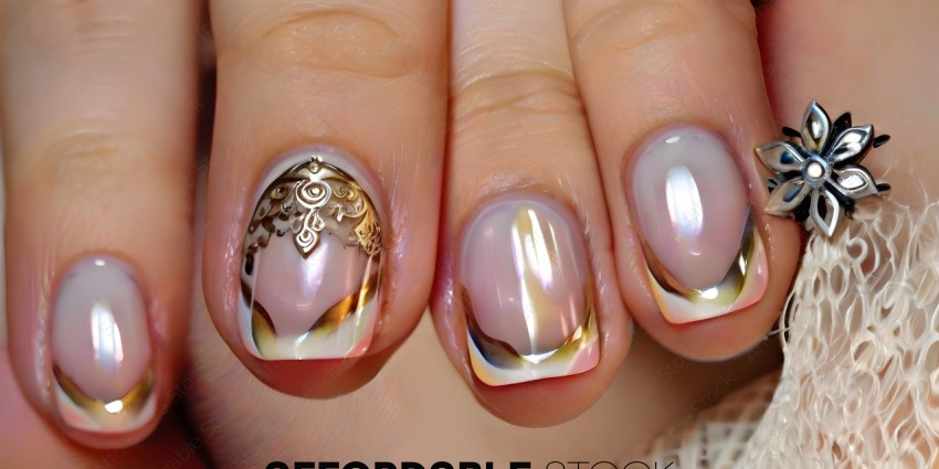 A person's fingernails are painted with a gold design