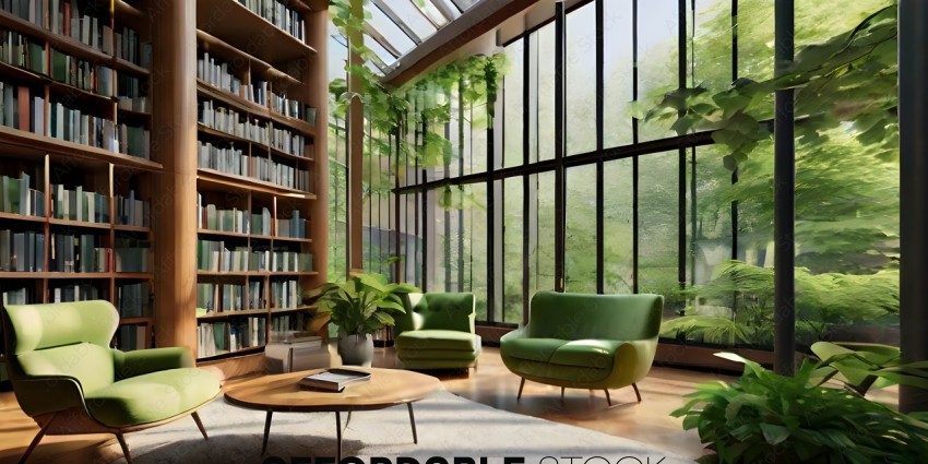 A modern, minimalist living room with a large bookcase and a green chair