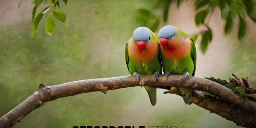 Two Parrots with Red Beaks on a Branch