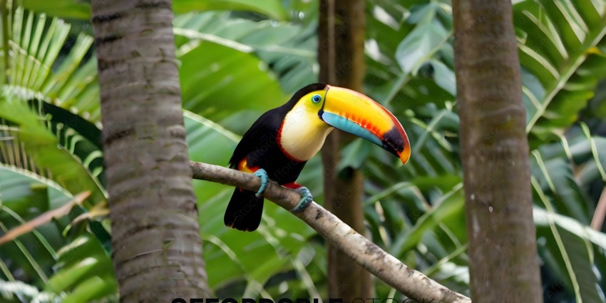 A colorful bird with a long beak perched on a tree branch