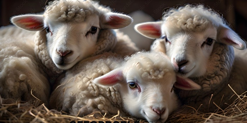 Three baby sheep in a hay bed
