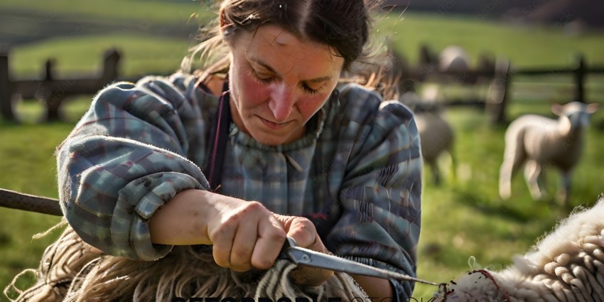 A woman shearing a sheep with a pair of scissors