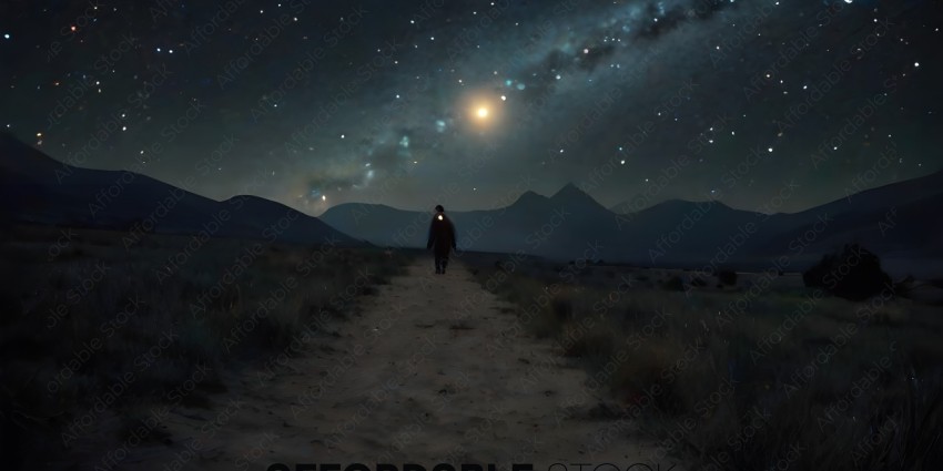 A man walks alone in the desert at night, under a sky full of stars