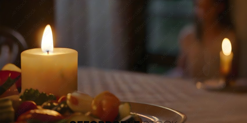 A candle on a table with a plate of food