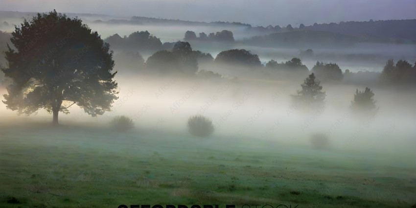 Foggy Field with Trees