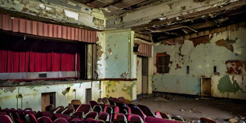 A dilapidated theater with peeling paint and broken seats
