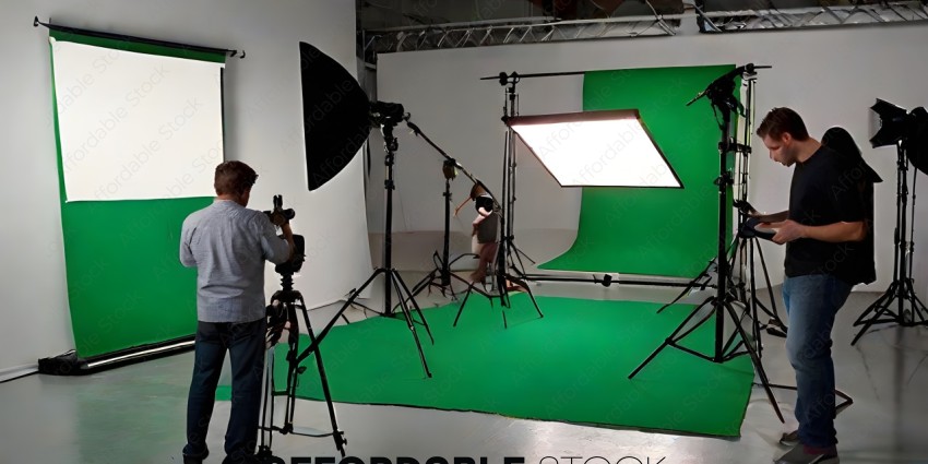 Man with camera in a studio with green screens