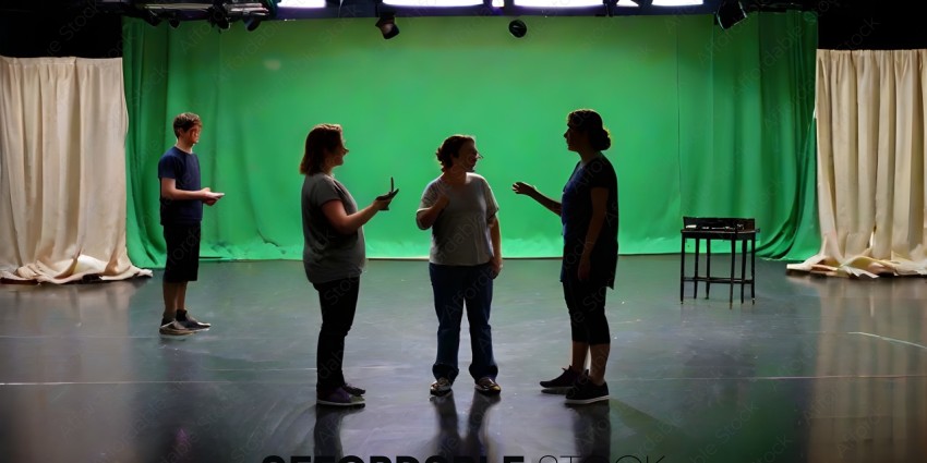 Three women standing on a stage with a green screen
