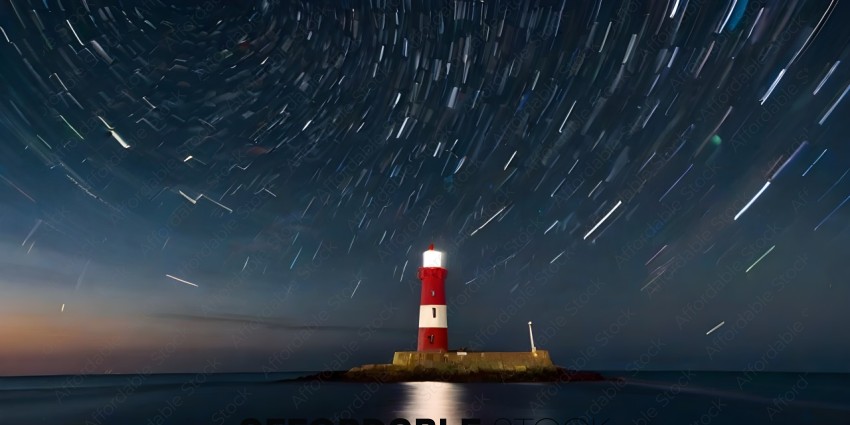 A lighthouse with a red and white stripe is lit up at night
