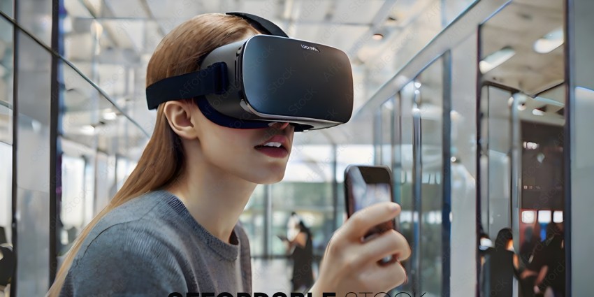 A woman wearing a gray sweater is holding a cell phone and a VR headset