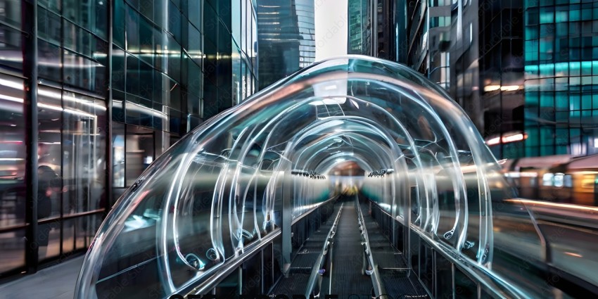 A glass tunnel with a train going through it