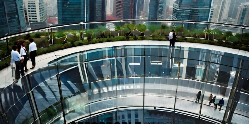 A couple standing on a glass balcony overlooking a city