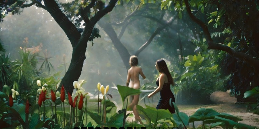 Two naked women walking through a jungle