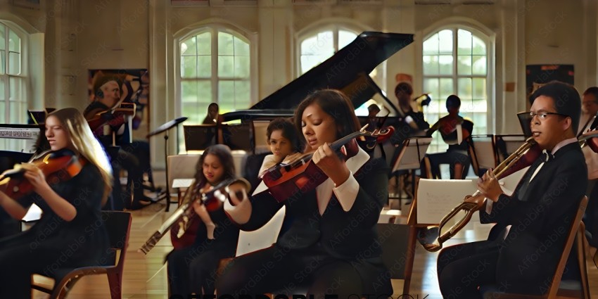 A woman playing the violin in a music room