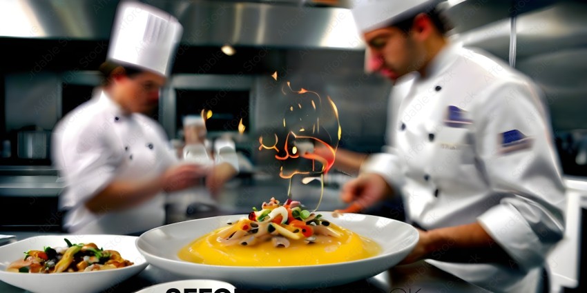Two chefs prepare a dish with a flame in the background