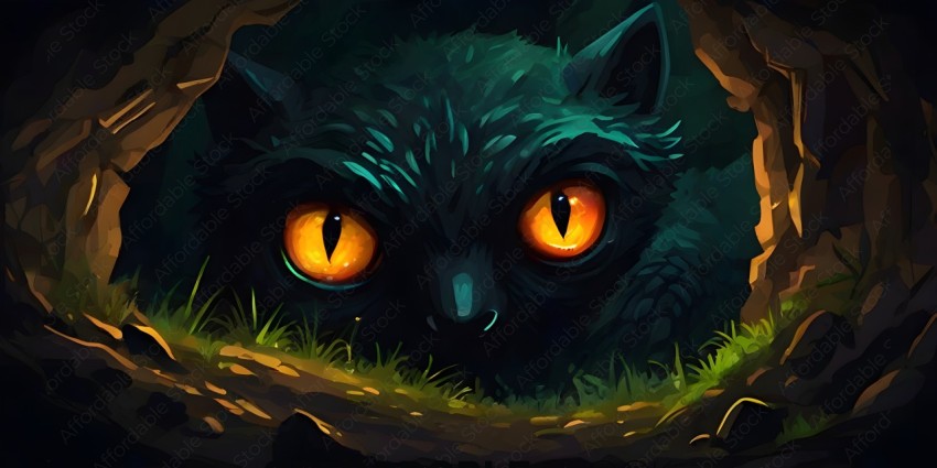 A black cat with yellow eyes in a forest