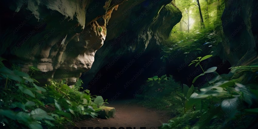 A pathway through a cave with plants and rocks