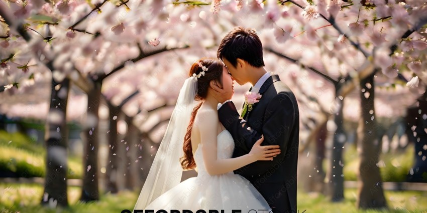 A Bride and Groom Kissing Under Cherry Blossoms