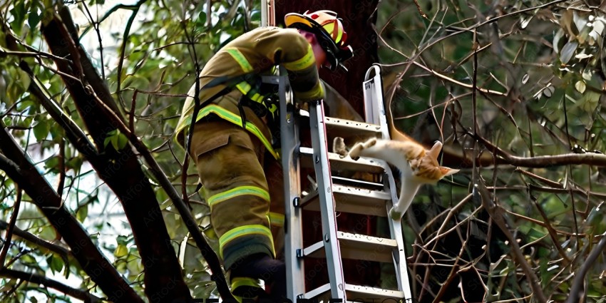 Fireman climbing ladder to rescue cat