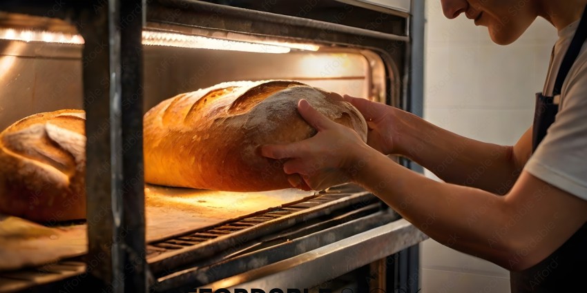 A person is taking a loaf of bread out of an oven