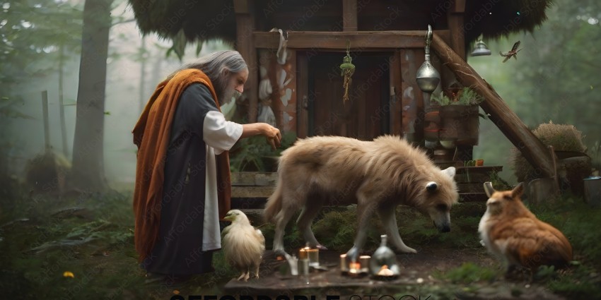 A man in a robe feeds a dog